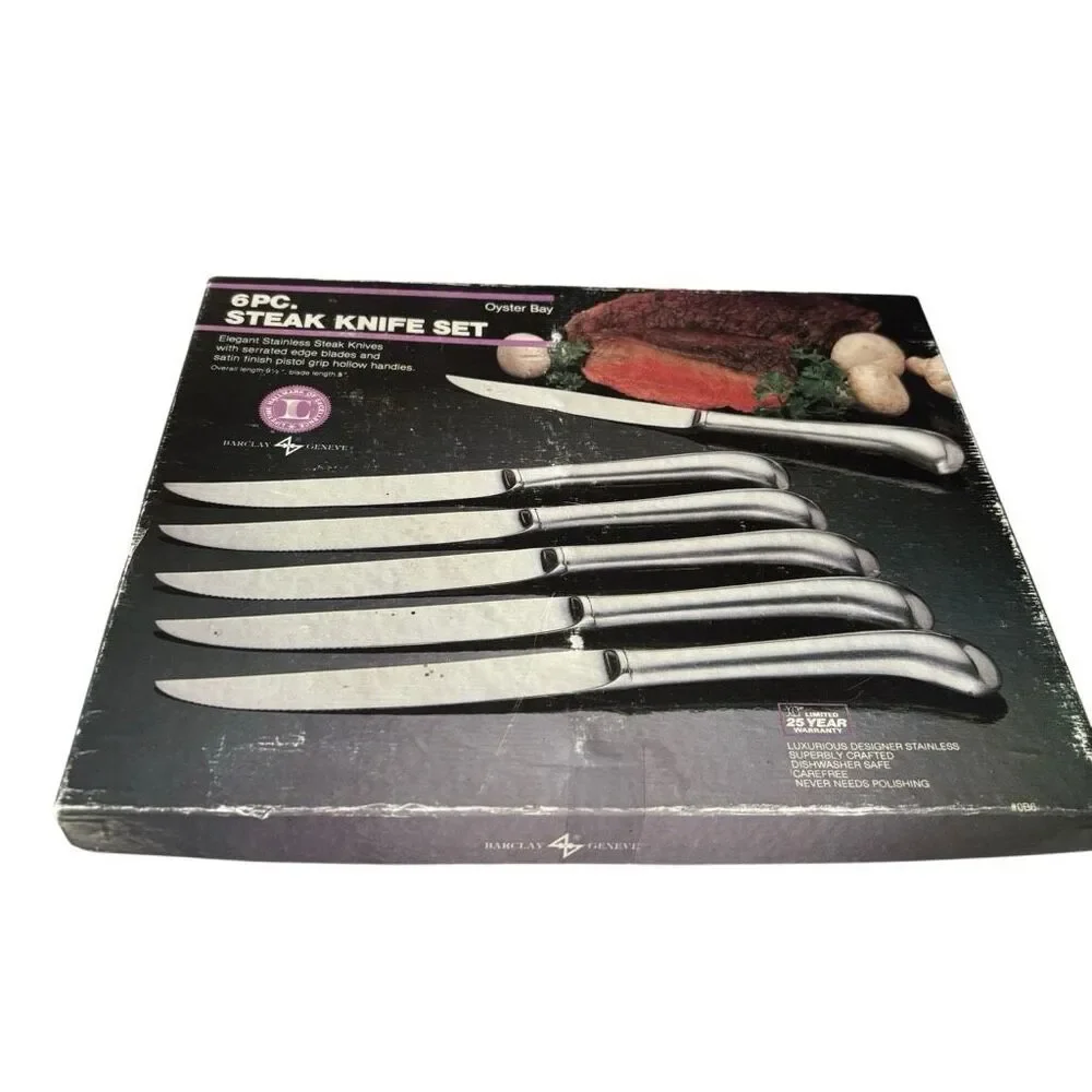 Vintage Barclay Geneve Oyster Bay 6 Pc Steak Knife Set Pistol Grip